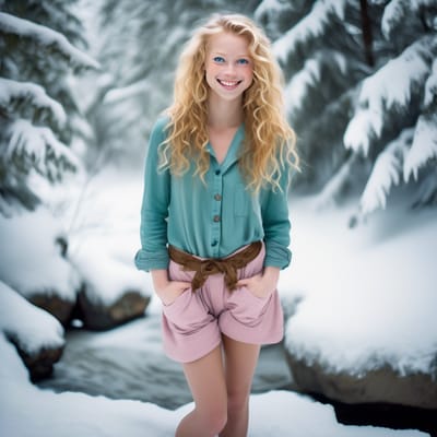 ai girl generator, full view of barefoot petite young woman smiling s...