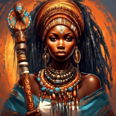 African tribal queen in beaded jewelry, with a sta...