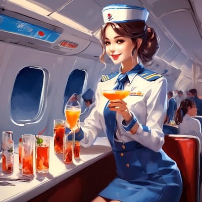 Air hostess in a uniform, serving a drink.