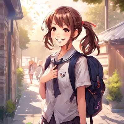 Anime schoolgirl with a backpack, smiling.