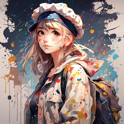 Art student with a beret and a paint-splattered sm...