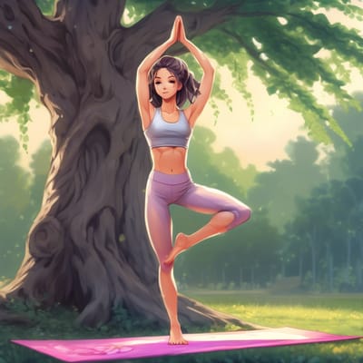 Athletic wear, in a tree pose on a yoga mat.
