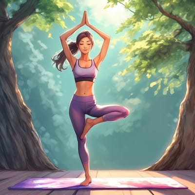 Athletic wear, in a tree pose on a yoga mat.