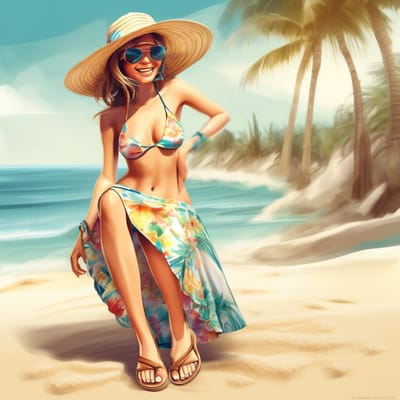 Summer beachwear with a wide-brimmed hat and sanda...
