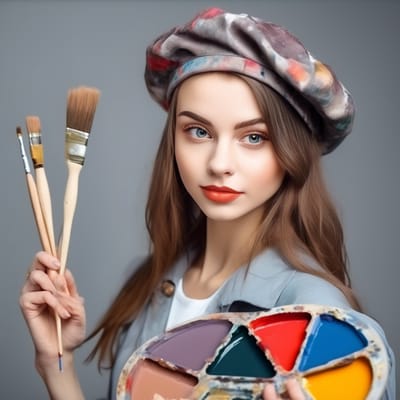 Beret, painter's smock, holding a palette.