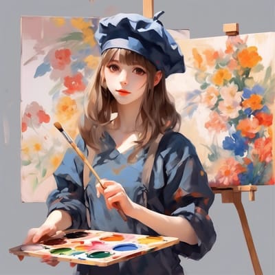 ai girl generator, Beret, painter's smock, holding a palette.