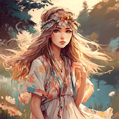 ai girl generator, Boho festival style with flowy dress and headband.