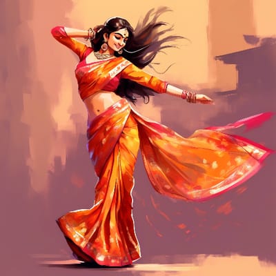 Bollywood star in a sari, dancing.