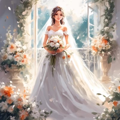 Bridal beauty in a white wedding gown, bouquet in ...