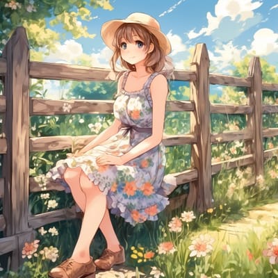 Country charm in a floral sundress, sitting on a f...