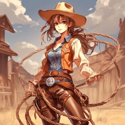 ai girl generator, Cowgirl in a cowboy hat and boots, lasso in hand.