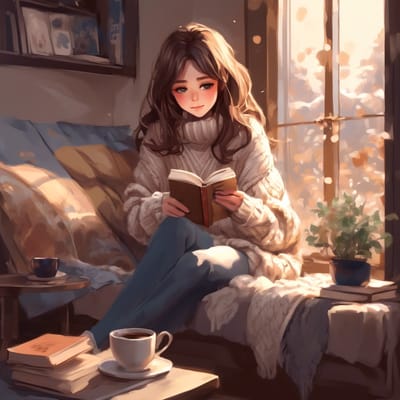 Cozy sweater, reading a book with a cup of coffee.