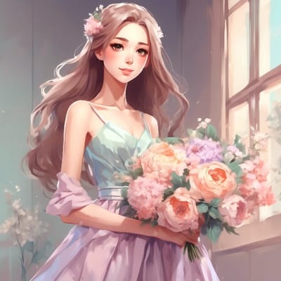 ai girl generator, Elegant bridesmaid in a pastel dress, holding flow...