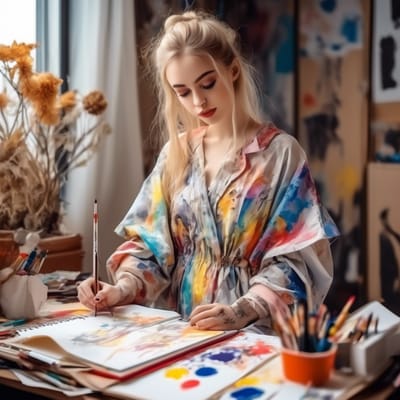 Fashion designer in a creative smock, with a sketc...