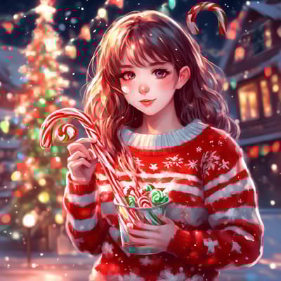 Festive holiday sweater, holding a candy cane.
