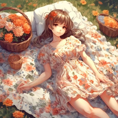 ai girl generator, Floral dress, laying on a blanket with a basket.