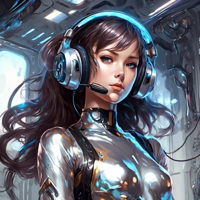 ai girl generator, Futuristic with a metallic bodysuit and headset.