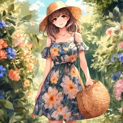 ai girl generator, Garden party look with a floral dress and straw ba...