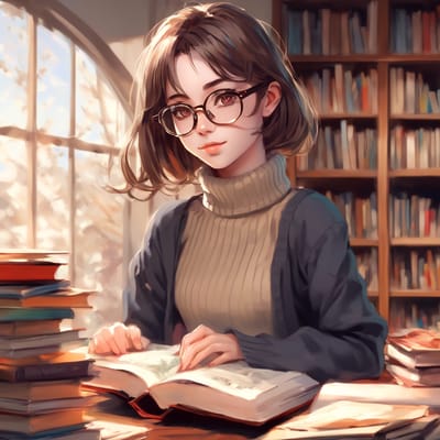 ai girl generator, Glasses, turtleneck, and a stack of books.