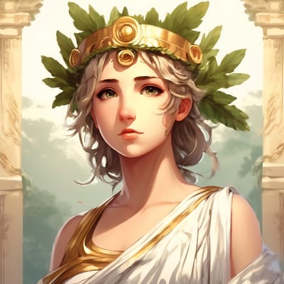Grecian goddess in a toga, laurel wreath on head.