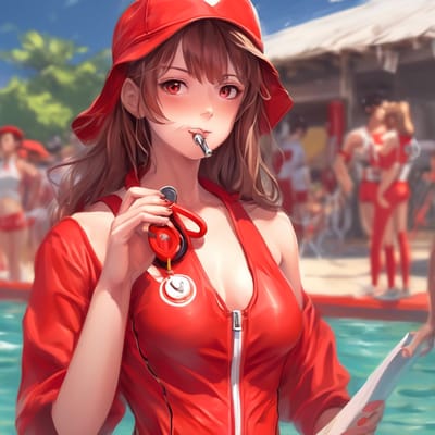 ai girl generator, Lifeguard with a red swimsuit and a whistle.