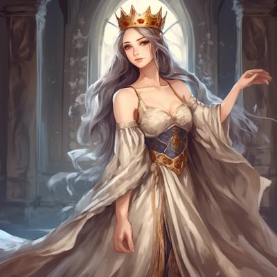 Medieval maiden in a flowing gown, with a crown.