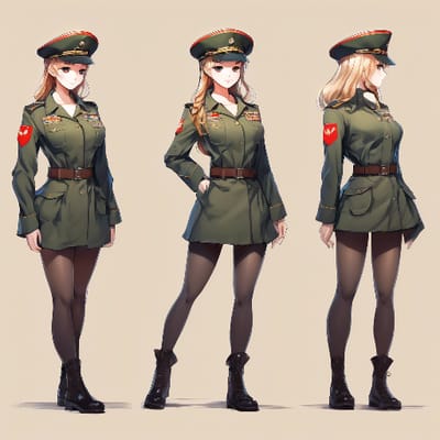 Military-inspired outfit with a beret, standing at...