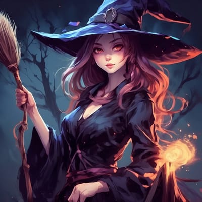 Mystical witch in a pointy hat, holding a broom.