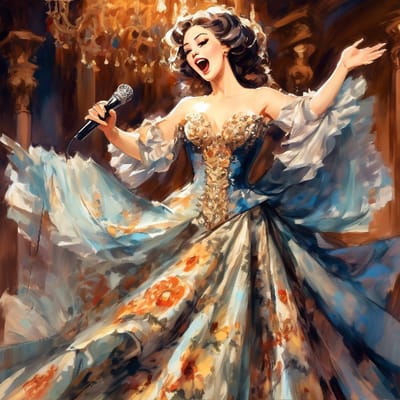 Operatic diva in an elaborate gown, singing.