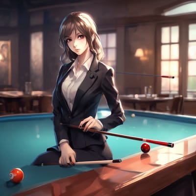 ai girl generator, Sharp suit, holding a pool cue, at a table.