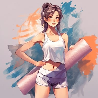 Sporty tank top and shorts, holding a yoga mat.