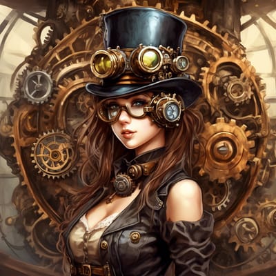 Steampunk goggles with a top hat and gears.