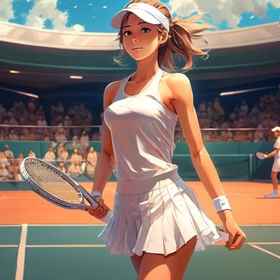 Tennis pro with a skirt and visor on a court.