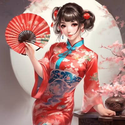 Traditional Chinese cheongsam, holding a fan.