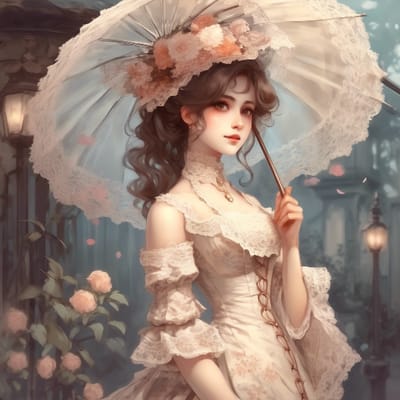 Victorian lady in a lace dress, parasol in hand.