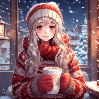 Winter wonderland in a cozy sweater, holding a hot...
