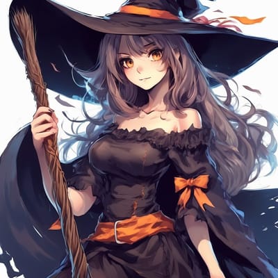 Witch with a pointy hat and a broom.