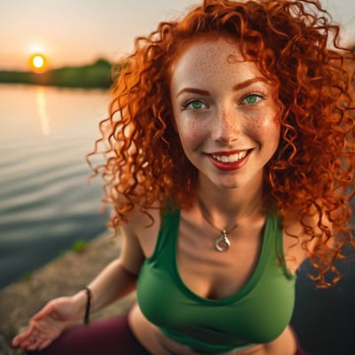 ai girl generator, girl, red curly hair, green eyes, freckles, red li...