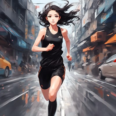 girl running on road, wearing black sport suits