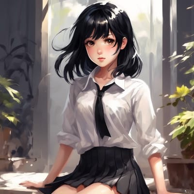 ai girl generator, girl with black hair, wearing short skirt and whit...