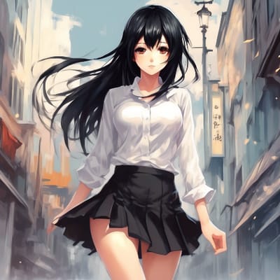 girl with black hair, wearing short skirt and whit...