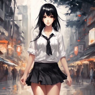 girl with black hair, wearing short skirt and whit...