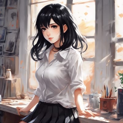 girl with black hair, wearing short skirt and whit...