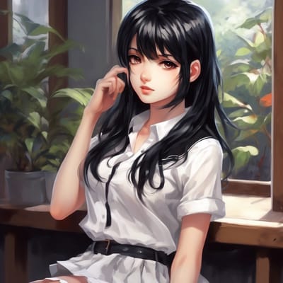 ai girl generator, girl with black hair, wearing short skirt and whit...