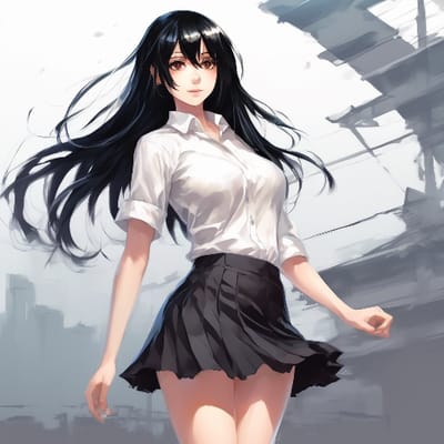 girl with black hair, wearing short skirt and whit...