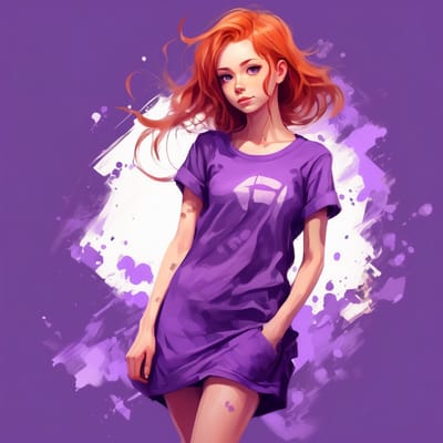 young cute ginger, in purple tshirt dress