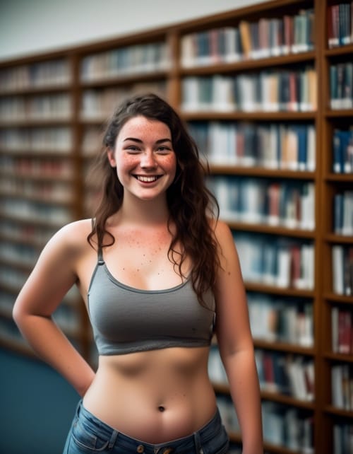 A very ruddy, very chubby, sweaty freckled Irish college student standing in the library. She has black hair in waves.  She has many freckles. She's wearing cutoffs and a bra. Her face is wide and very red. She is very sweaty. She has a big smile.