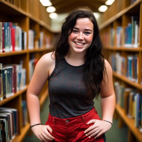 A very ruddy, chubby, sweaty freckled Irish college student standing in the library. She has black hair in waves.  She has many freckles. She's wearing shorts and a tight tank top. Her face is wide and very red. She is very sweaty. She has a big smile.