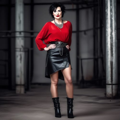 a sexy caucasian 40 year old woman with short messy black hair, grey eyes and red lips, wearing a loose red blouse, thin silver chain belt, black leather skirt with black leather knee high boots with 6 inch heels
