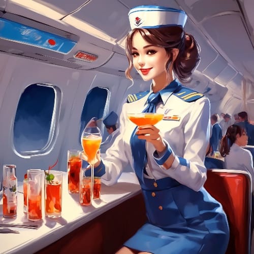 Air hostess in a uniform, serving a drink.